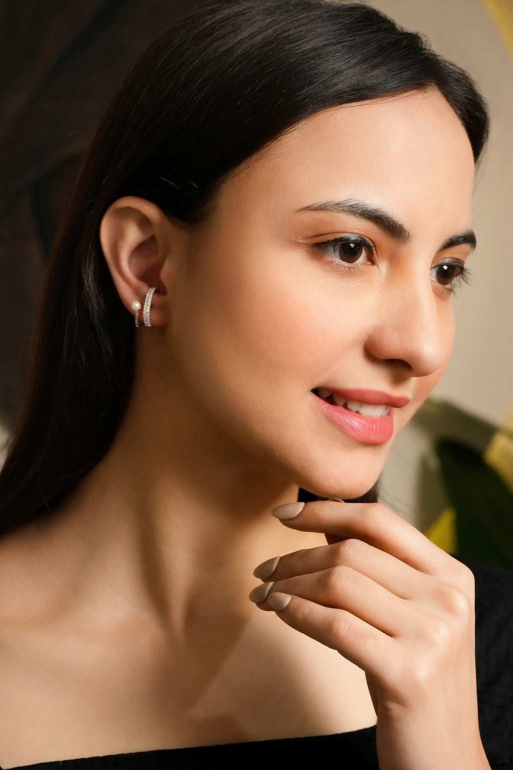 Pearl & Pavé Curve Silver Earrings