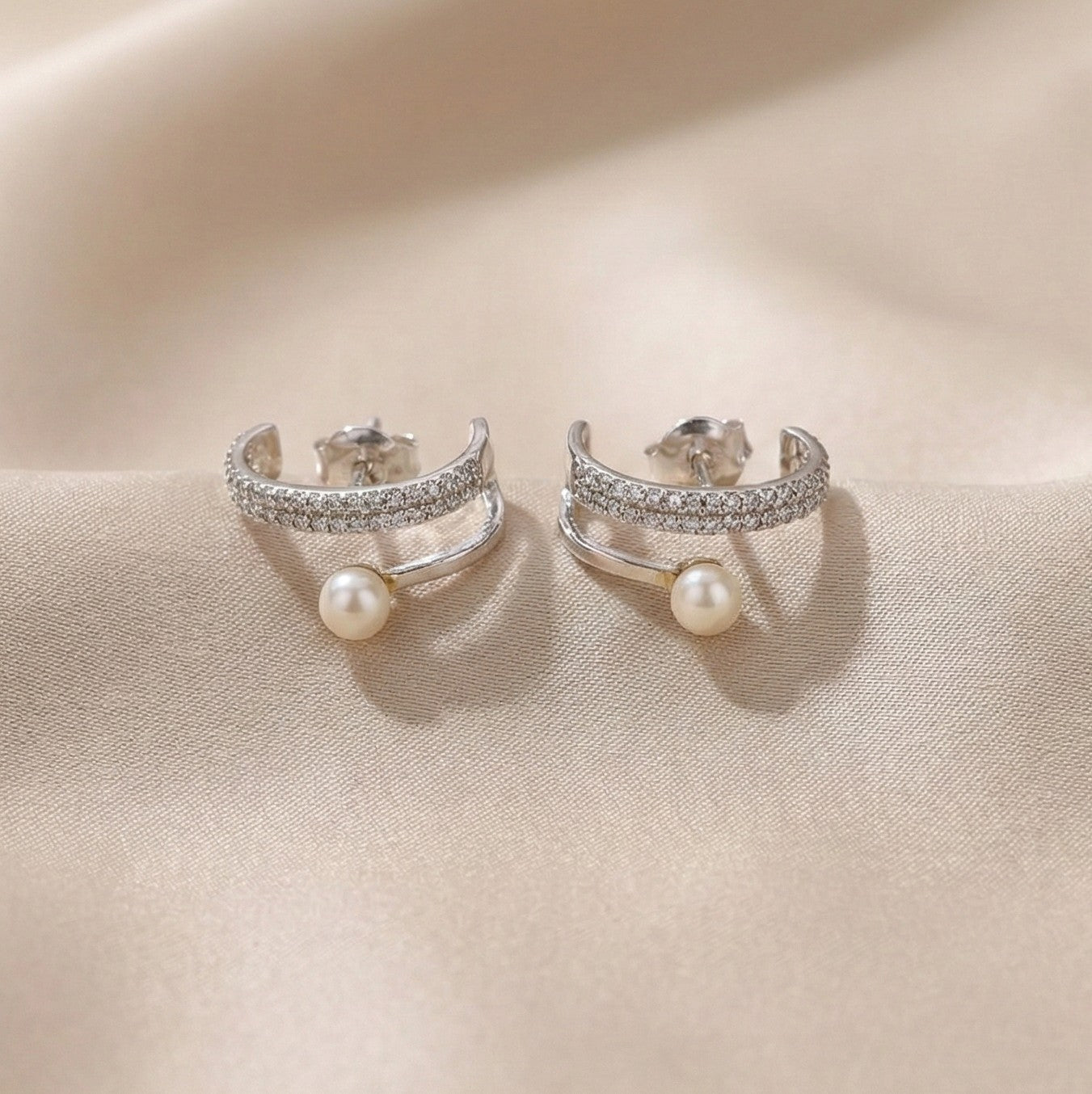 Pearl & Pavé Curve Silver Earrings