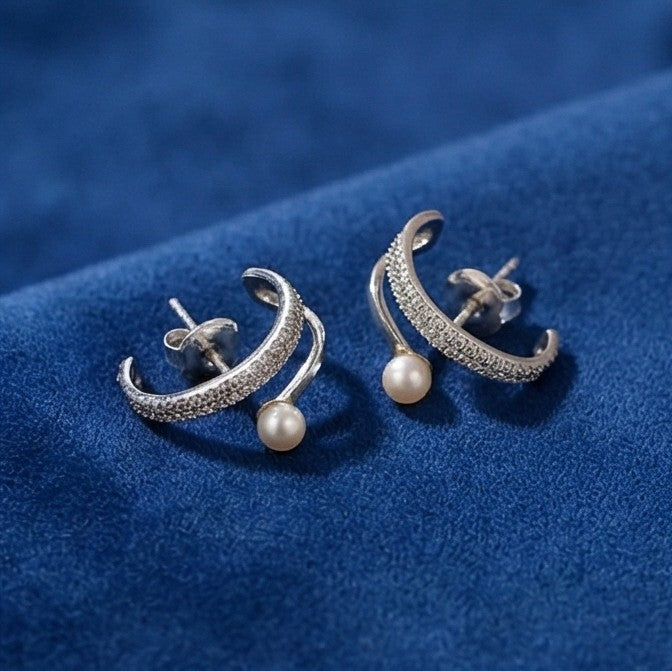 Pearl & Pavé Curve Silver Earrings