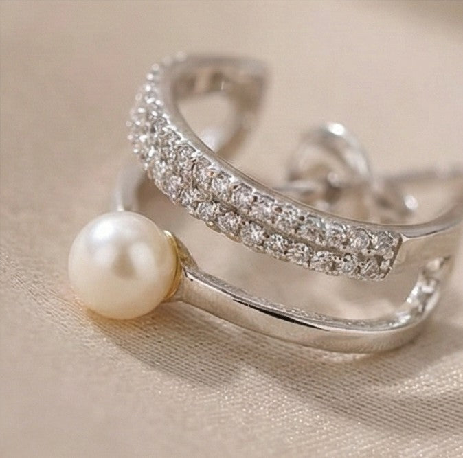 Pearl & Pavé Curve Silver Earrings