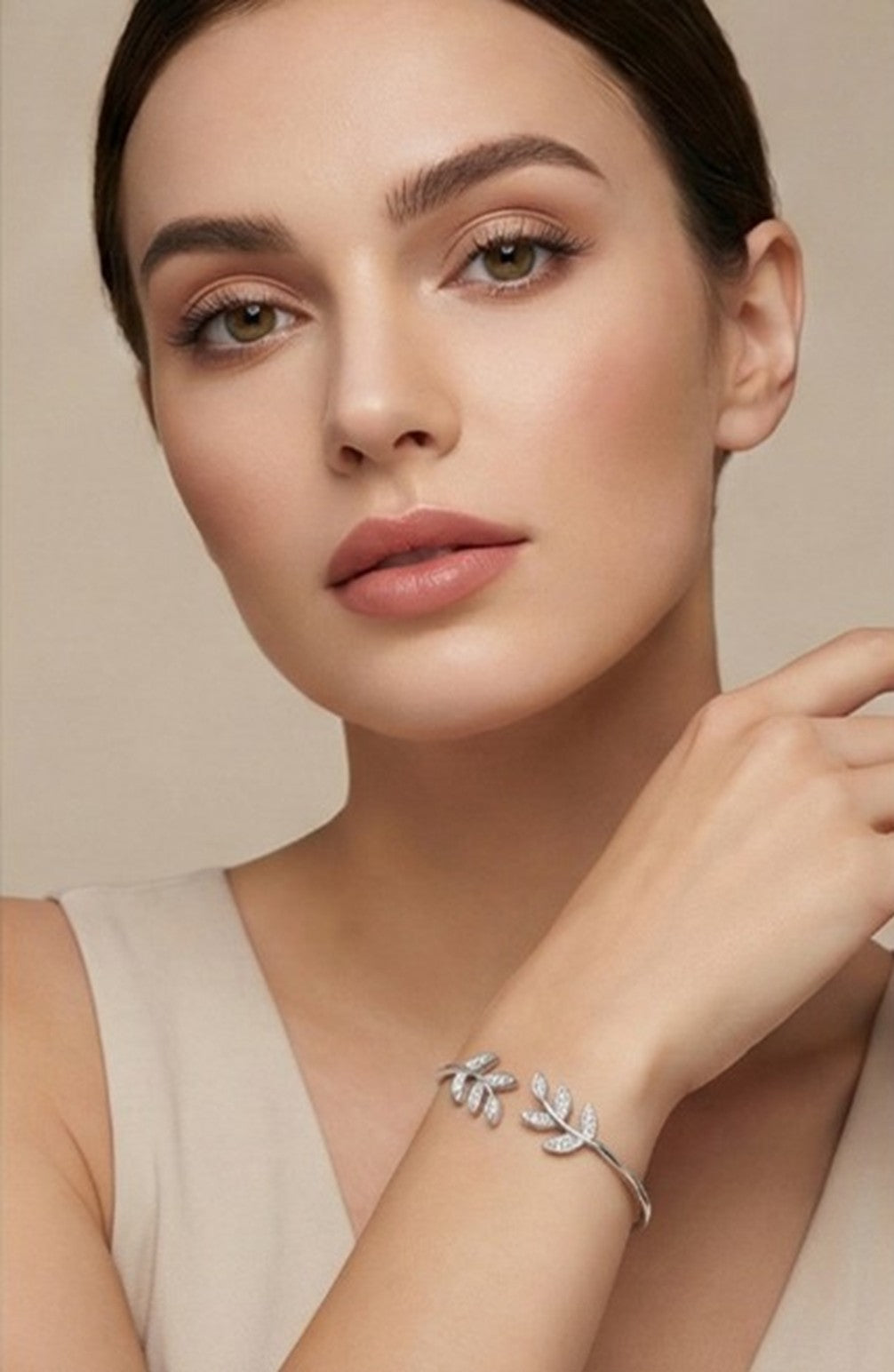 Leaf Motif Lab Grown Diamond-Studded Open Bangle Bracelet in 925 Sterling Silver