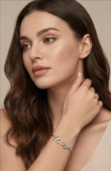 Leaf Motif Lab Grown Diamond-Studded Open Bangle Bracelet in 925 Sterling Silver