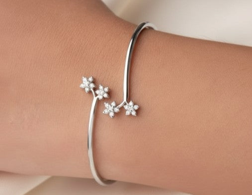 Floral Star Open Bangle Bracelet in 925 Sterling Silver & Lab Grown Diamonds