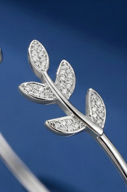 Leaf Motif Lab Grown Diamond-Studded Open Bangle Bracelet in 925 Sterling Silver